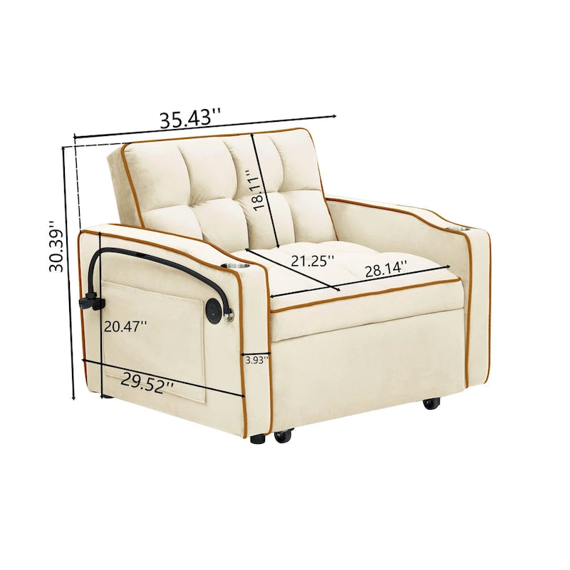Divano letto pieghevole, divano letto moderno in velluto estraibile, schienale regolabile con porta USB, posacenere e supporto girevole per telefono
