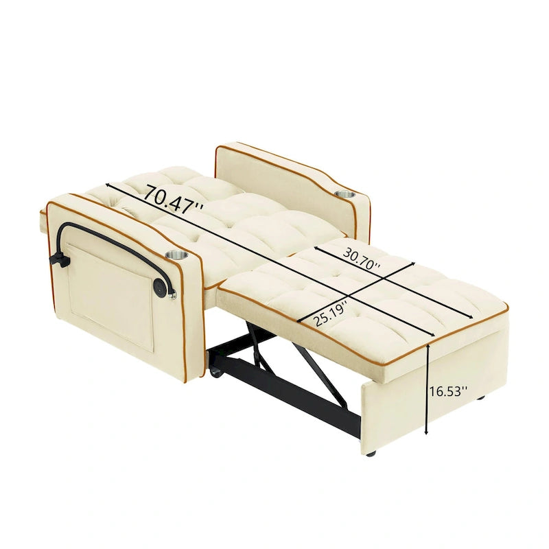 Divano letto pieghevole, divano letto moderno in velluto estraibile, schienale regolabile con porta USB, posacenere e supporto girevole per telefono
