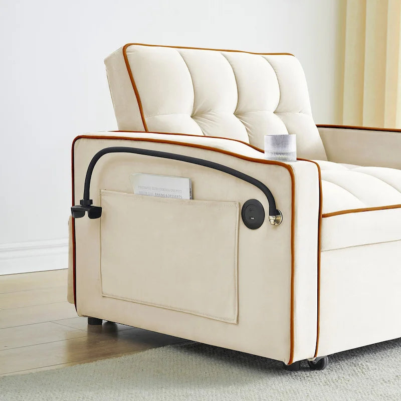 Divano letto pieghevole, divano letto moderno in velluto estraibile, schienale regolabile con porta USB, posacenere e supporto girevole per telefono