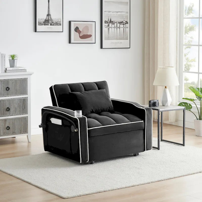 Divano letto pieghevole, divano letto moderno in velluto estraibile, schienale regolabile con porta USB, posacenere e supporto girevole per telefono