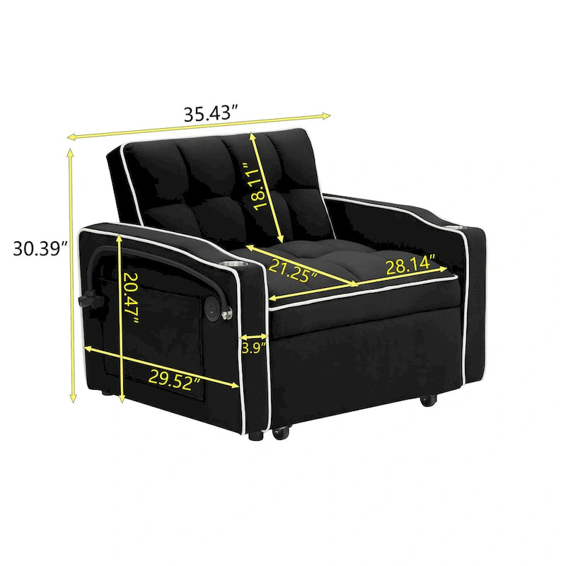Divano letto pieghevole, divano letto moderno in velluto estraibile, schienale regolabile con porta USB, posacenere e supporto girevole per telefono