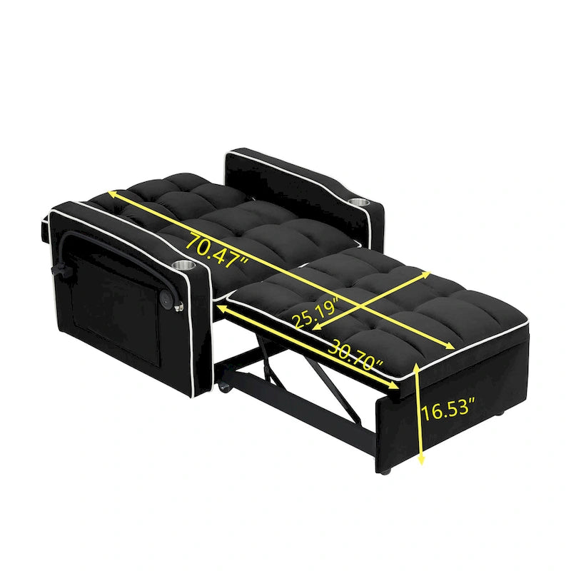 Divano letto pieghevole, divano letto moderno in velluto estraibile, schienale regolabile con porta USB, posacenere e supporto girevole per telefono