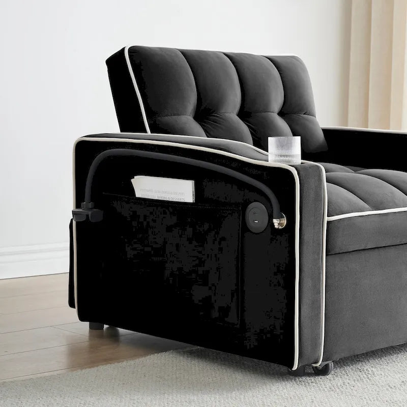 Divano letto pieghevole, divano letto moderno in velluto estraibile, schienale regolabile con porta USB, posacenere e supporto girevole per telefono