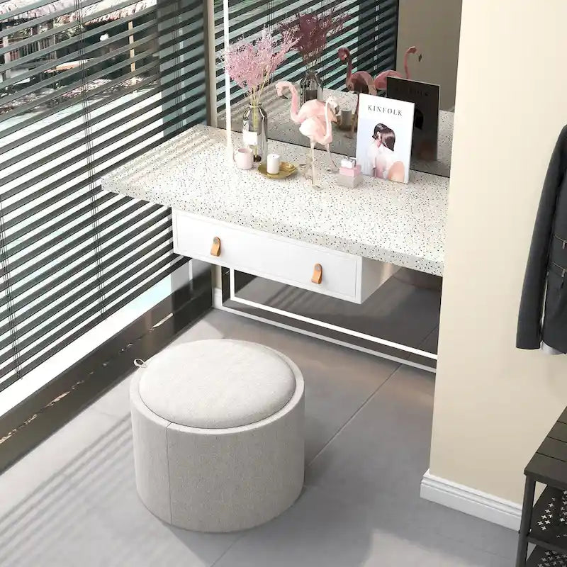 Tavolino Contenitore Ottomano Rotondo con Vassoio Ribaltabile, Grigio