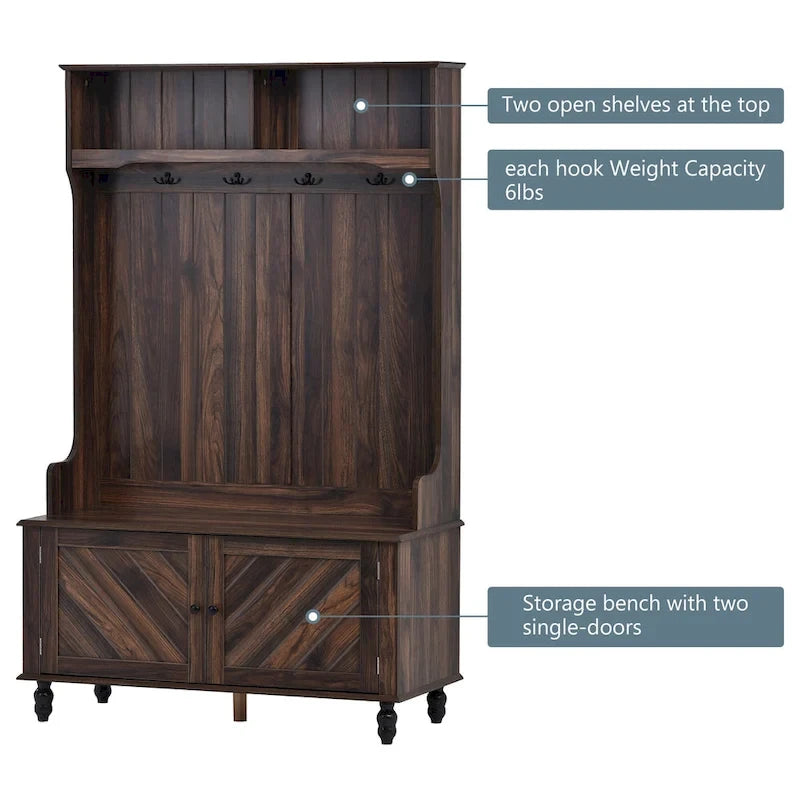 Modern Hall Tree, Panca da Ingresso con 2 Ripiani Aperti, 4 Ganci Doppi in Metallo, per Ingresso e Corridoio