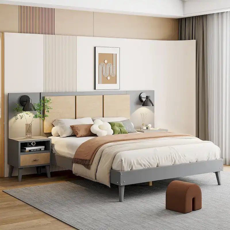 Letto a piattaforma Queen in legno massello con comodini e lampade da testata