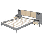 Letto a piattaforma Queen in legno massello con comodini e lampade da testata