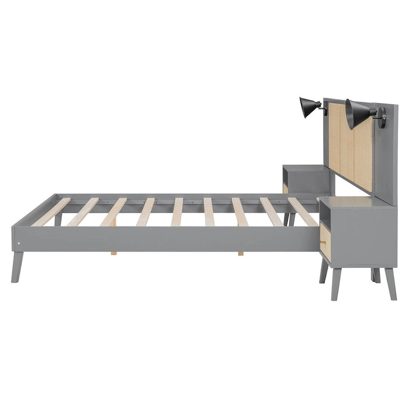 Letto a piattaforma Queen in legno massello con comodini e lampade da testata