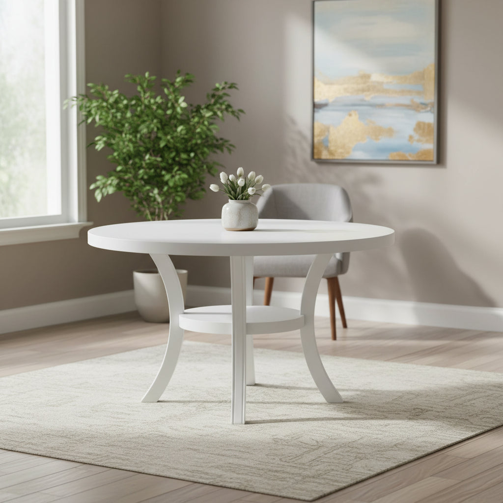 Judy Round Dining Table with Shelf and Flared Legs, White Wood 54 Inch