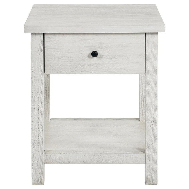 Tavolino Ayne, 1 Cassetto, Legno Bianco Decapato, Quadrato 50 cm
