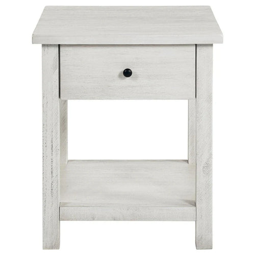 Tavolino Ayne, 1 Cassetto, Legno Bianco Decapato, Quadrato 50 cm