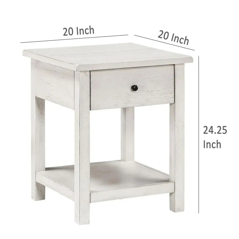 Tavolino Ayne, 1 Cassetto, Legno Bianco Decapato, Quadrato 50 cm