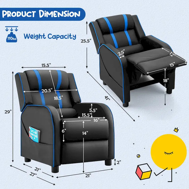 Poltrona reclinabile ergonomica per bambini in pelle con poggiapiedi