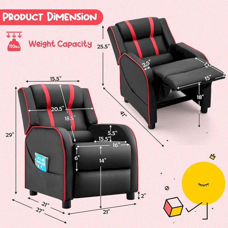 Poltrona reclinabile ergonomica per bambini in pelle con poggiapiedi