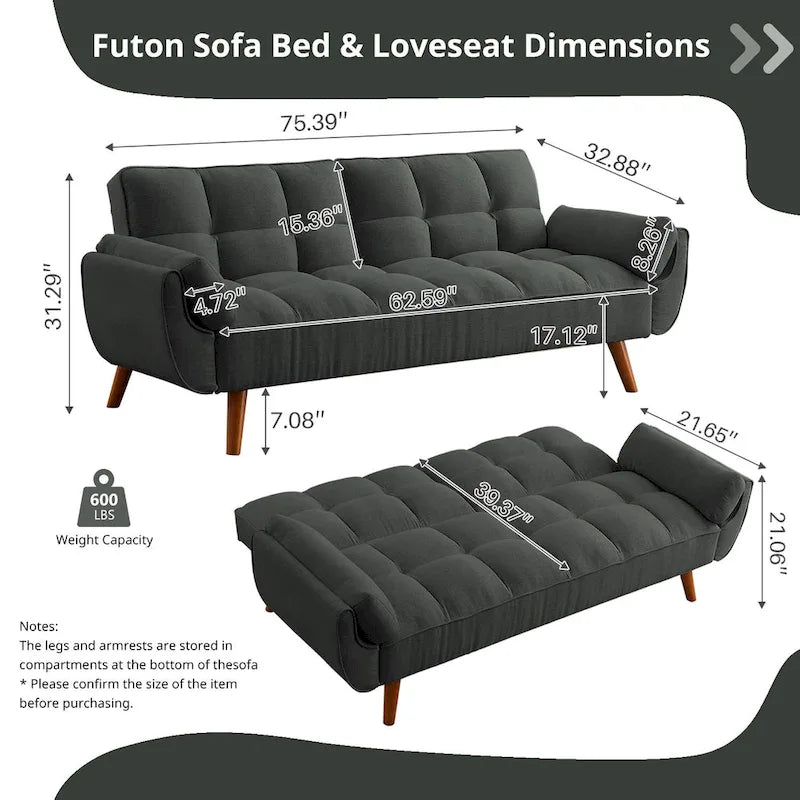 Divano letto futon da 191,5 cm (75,39 pollici), divano letto imbottito convertibile con schienale trapuntato sdoppiato reclinabile