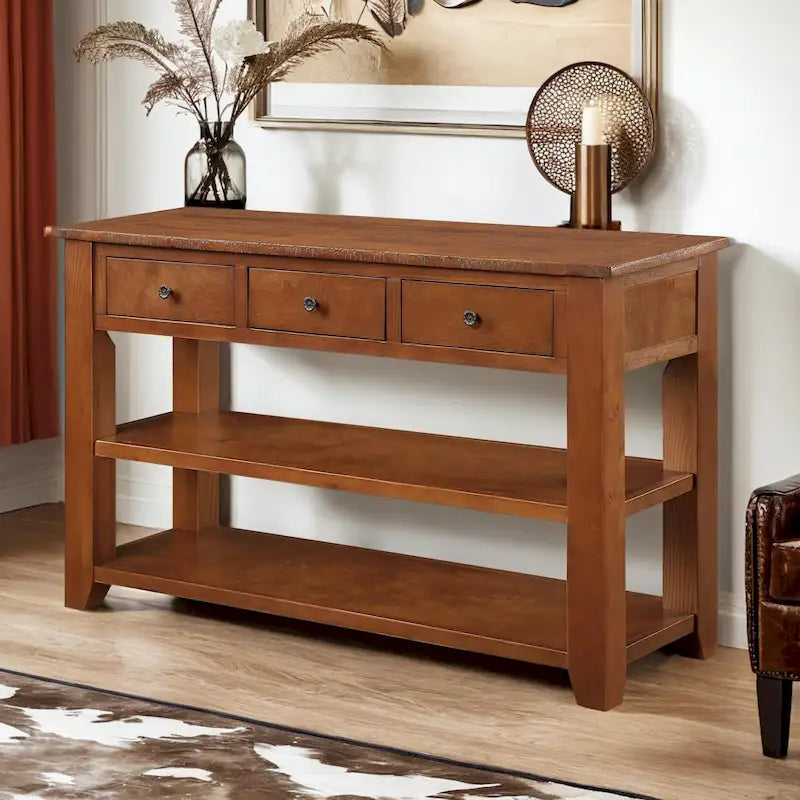 Consolle da 48 pollici con piano in legno massello di pino, tavolo moderno da ingresso/divano con 3 cassetti portaoggetti e 2 ripiani. Facile da montare