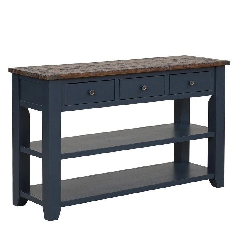 Consolle da 48 pollici con piano in legno massello di pino, tavolo moderno da ingresso/divano con 3 cassetti portaoggetti e 2 ripiani. Facile da montare