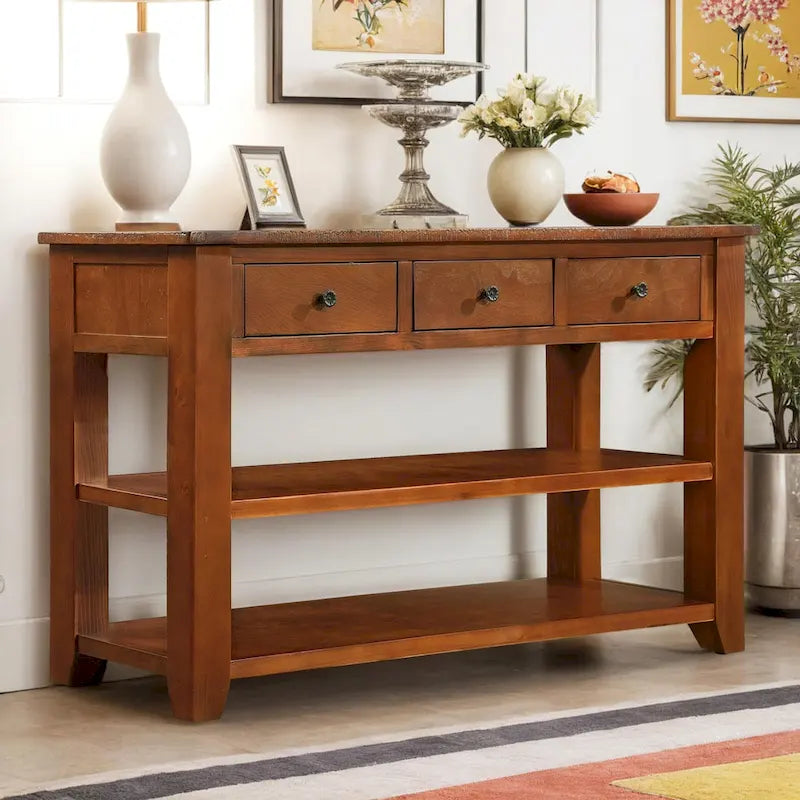 Consolle da 48 pollici con piano in legno massello di pino, tavolo moderno da ingresso/divano con 3 cassetti portaoggetti e 2 ripiani. Facile da montare
