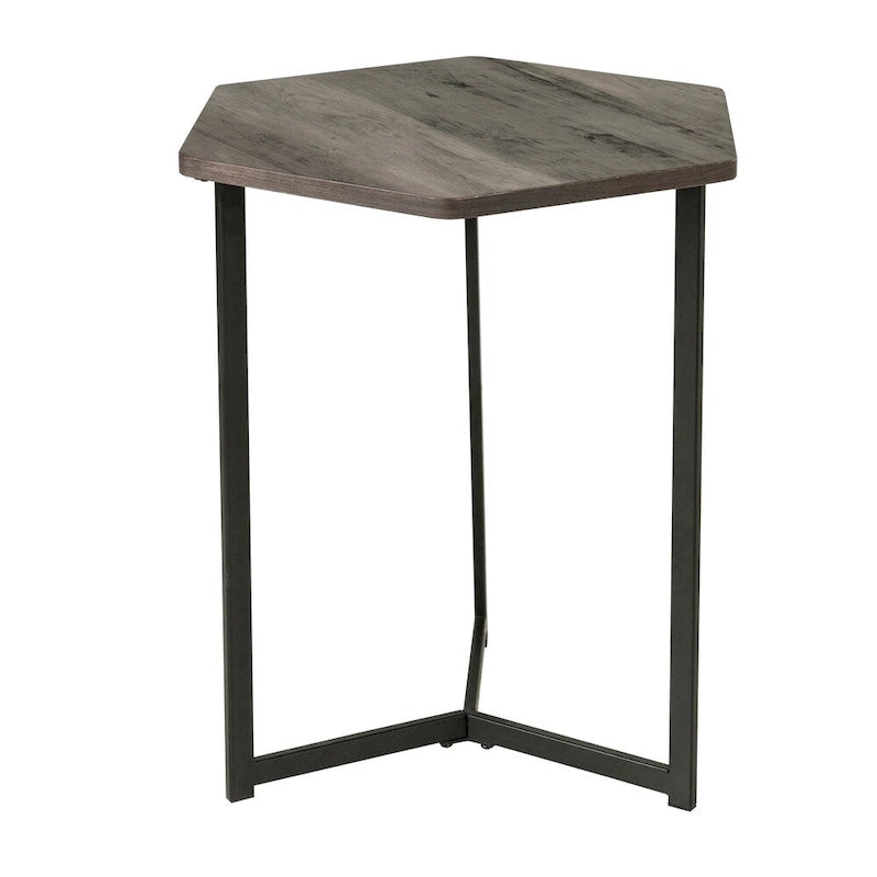 Tavolino Esagonale con Piano Finitura Legno Scuro e Base in Metallo