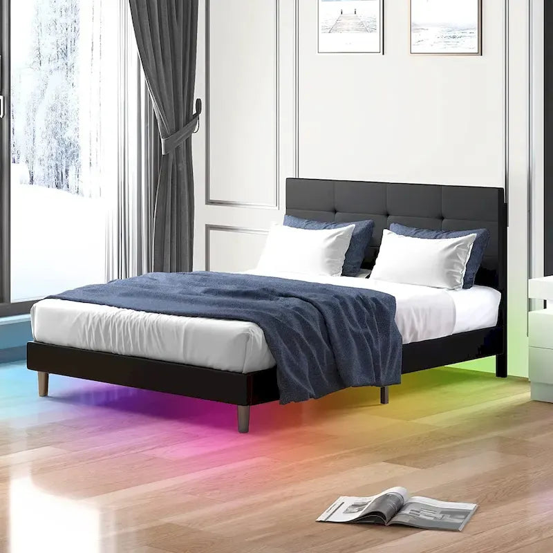 Struttura Letto con Luci LED RGB Intelligenti, Testiera Trapuntata con Bottoni, Rivestimento in Tessuto PVC, con Piattaforma, Non Richiede Rete a Molle