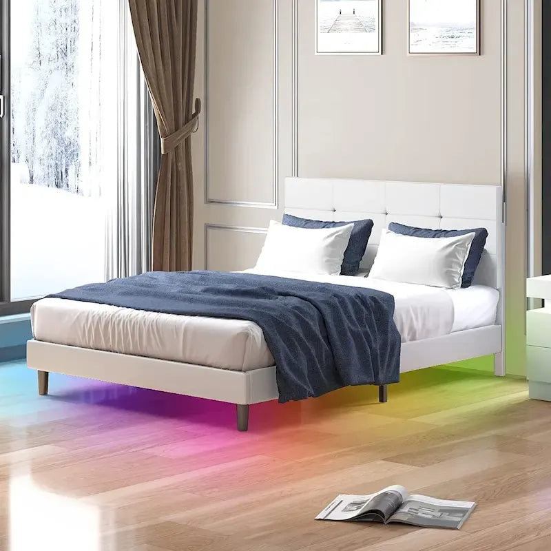 Struttura Letto con Luci LED RGB Intelligenti, Testiera Trapuntata con Bottoni, Rivestimento in Tessuto PVC, con Piattaforma, Non Richiede Rete a Molle