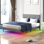 Struttura Letto con Luci LED RGB Intelligenti, Testiera Trapuntata con Bottoni, Rivestimento in Tessuto PVC, con Piattaforma, Non Richiede Rete a Molle