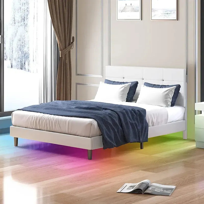 Struttura Letto con Luci LED RGB Intelligenti, Testiera Trapuntata con Bottoni, Rivestimento in Tessuto PVC, con Piattaforma, Non Richiede Rete a Molle