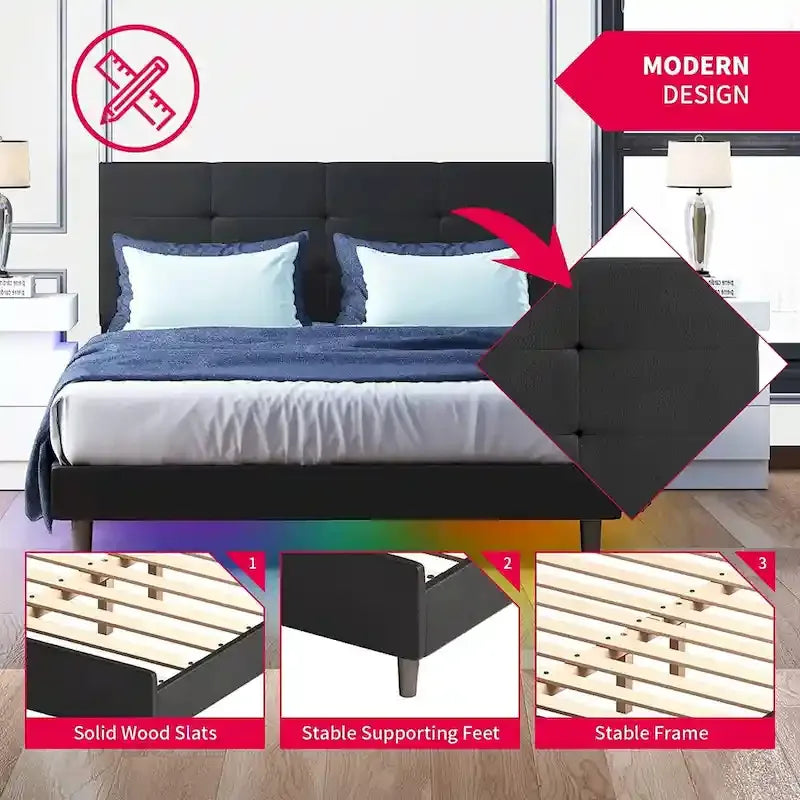 Struttura Letto con Luci LED RGB Intelligenti, Testiera Trapuntata con Bottoni, Rivestimento in Tessuto PVC, con Piattaforma, Non Richiede Rete a Molle