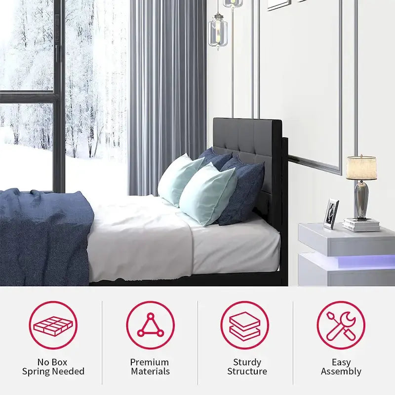 Struttura Letto con Luci LED RGB Intelligenti, Testiera Trapuntata con Bottoni, Rivestimento in Tessuto PVC, con Piattaforma, Non Richiede Rete a Molle