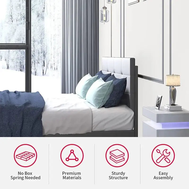 Struttura Letto con Luci LED RGB Intelligenti, Testiera Trapuntata con Bottoni, Rivestimento in Tessuto PVC, con Piattaforma, Non Richiede Rete a Molle