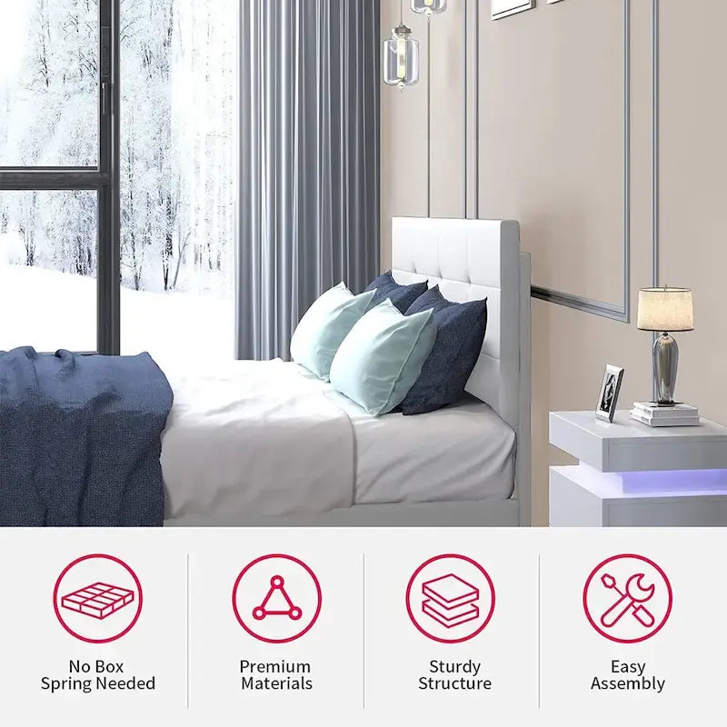 Struttura Letto con Luci LED RGB Intelligenti, Testiera Trapuntata con Bottoni, Rivestimento in Tessuto PVC, con Piattaforma, Non Richiede Rete a Molle