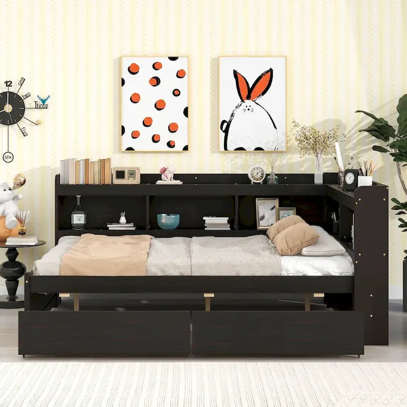 Letto matrimoniale con librerie a L, cassetti, espresso