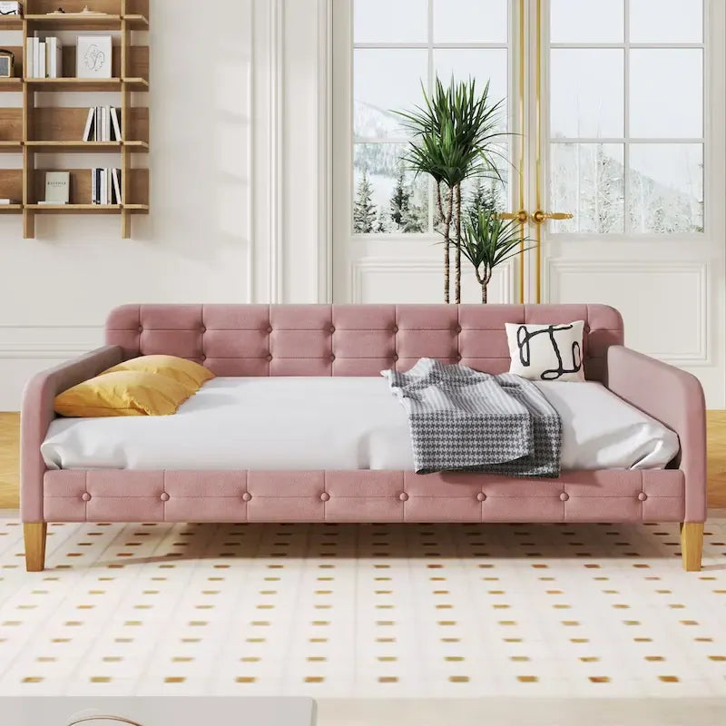 Divano Letto Imbottito Matrimoniale con 4 Gambe di Supporto, Rosa