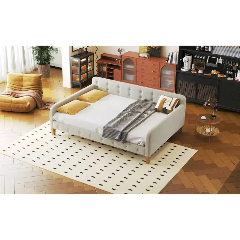 Divano Letto Imbottito Matrimoniale con 4 Gambe di Supporto, Rosa