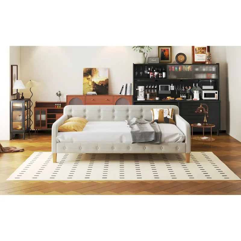 Divano Letto Imbottito Matrimoniale con 4 Gambe di Supporto, Rosa
