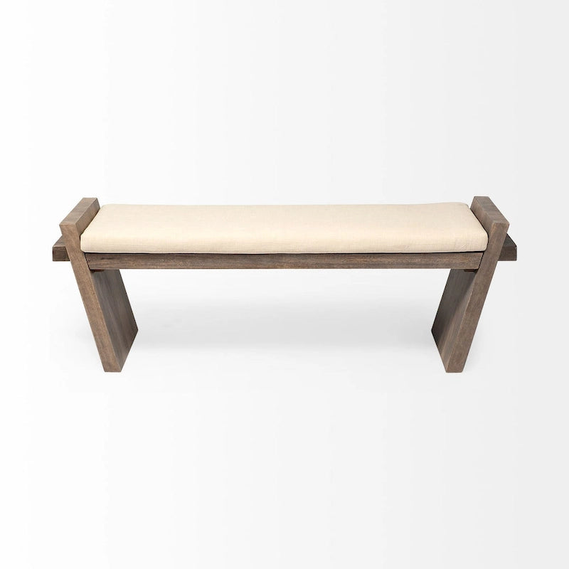 Panca da ingresso Elaine con seduta in tessuto crema e legno marrone - 58W x 15D x 20H