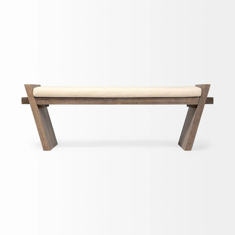 Panca da ingresso Elaine con seduta in tessuto crema e legno marrone - 58W x 15D x 20H