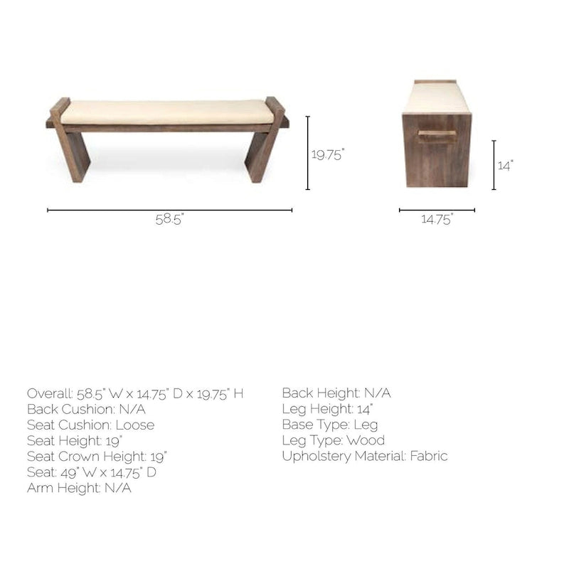 Panca da ingresso Elaine con seduta in tessuto crema e legno marrone - 58W x 15D x 20H