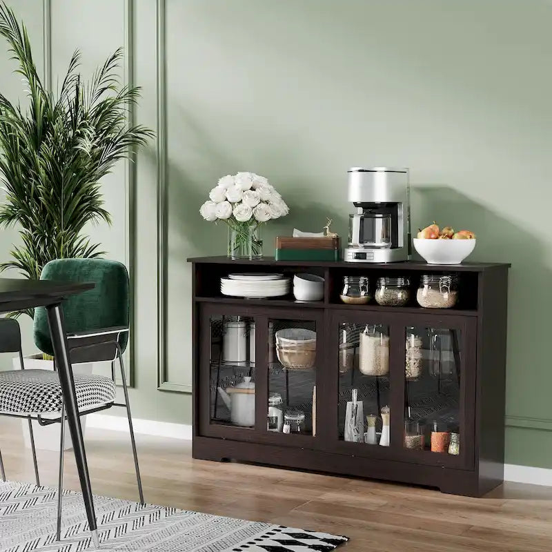 Credenza da Cucina Moderna, Mobile Buffet con Ante Scorrevoli in Vetro e Ripiano Regolabile, Marrone Scuro