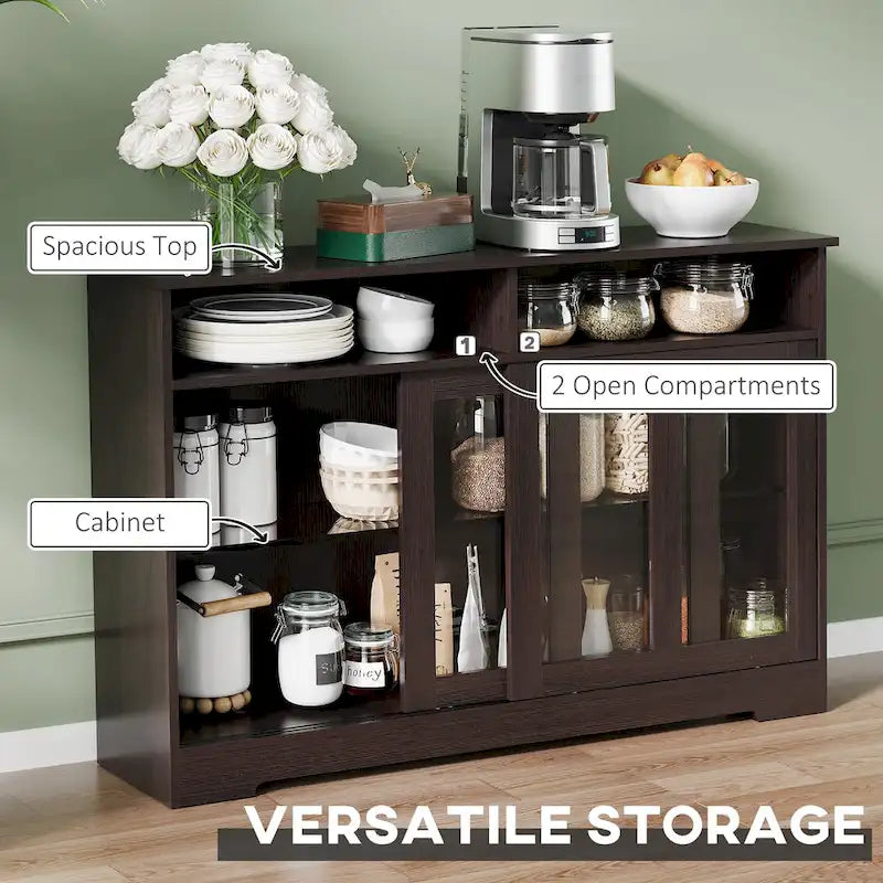 Credenza da Cucina Moderna, Mobile Buffet con Ante Scorrevoli in Vetro e Ripiano Regolabile, Marrone Scuro