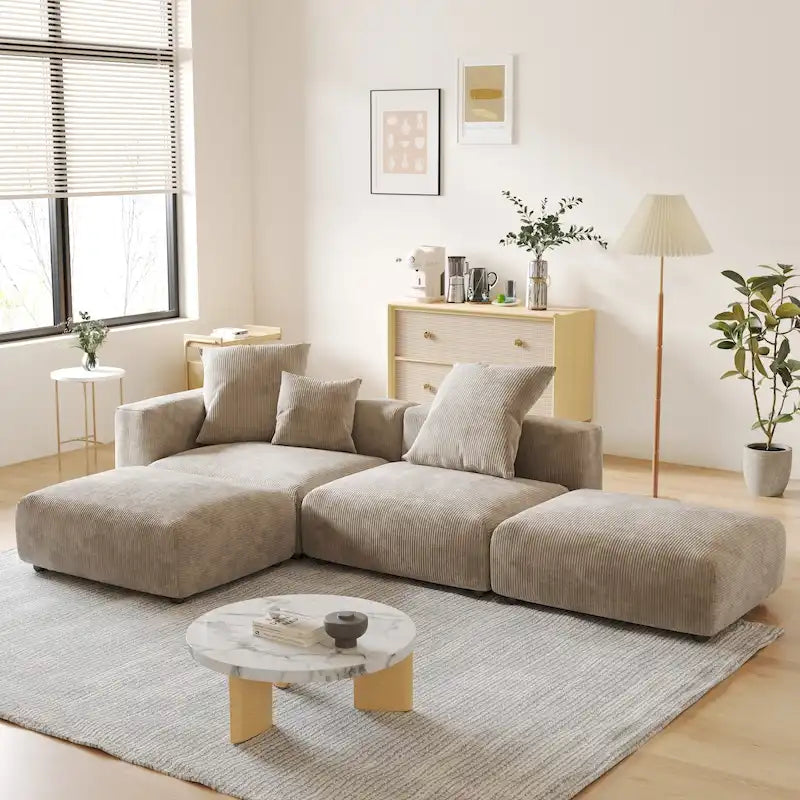 Divano Sezionale Modulare a L Rivestito in Velluto a Coste con Chaise Longue Ottomano e 3 Cuscini