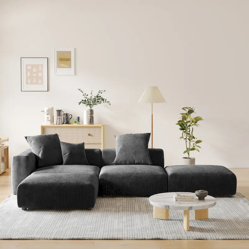 Divano Sezionale Modulare a L Rivestito in Velluto a Coste con Chaise Longue Ottomano e 3 Cuscini