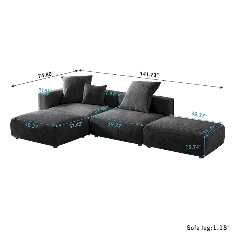 Divano Sezionale Modulare a L Rivestito in Velluto a Coste con Chaise Longue Ottomano e 3 Cuscini