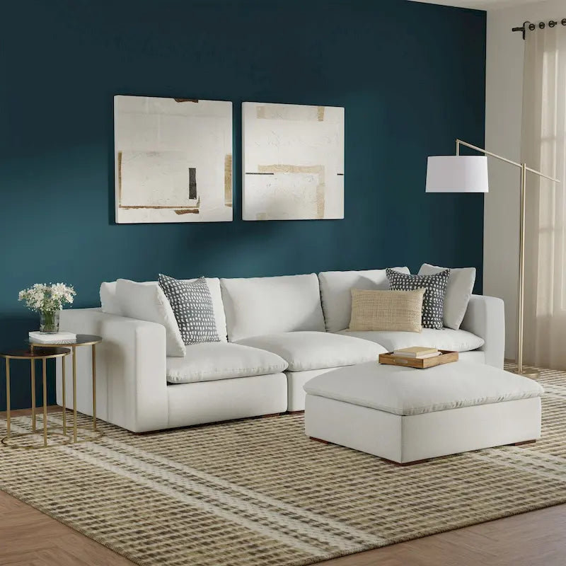 Divano modulare a 3 posti con pouf Marlee in ciniglia vellutata ad alte prestazioni