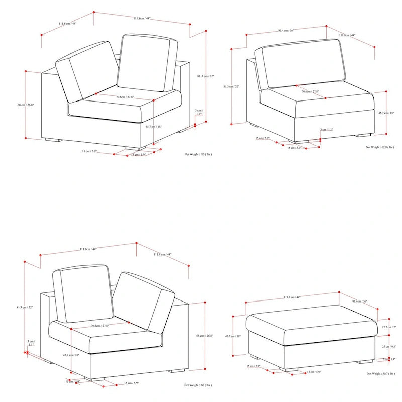 Divano modulare a 3 posti con pouf Marlee in ciniglia vellutata ad alte prestazioni