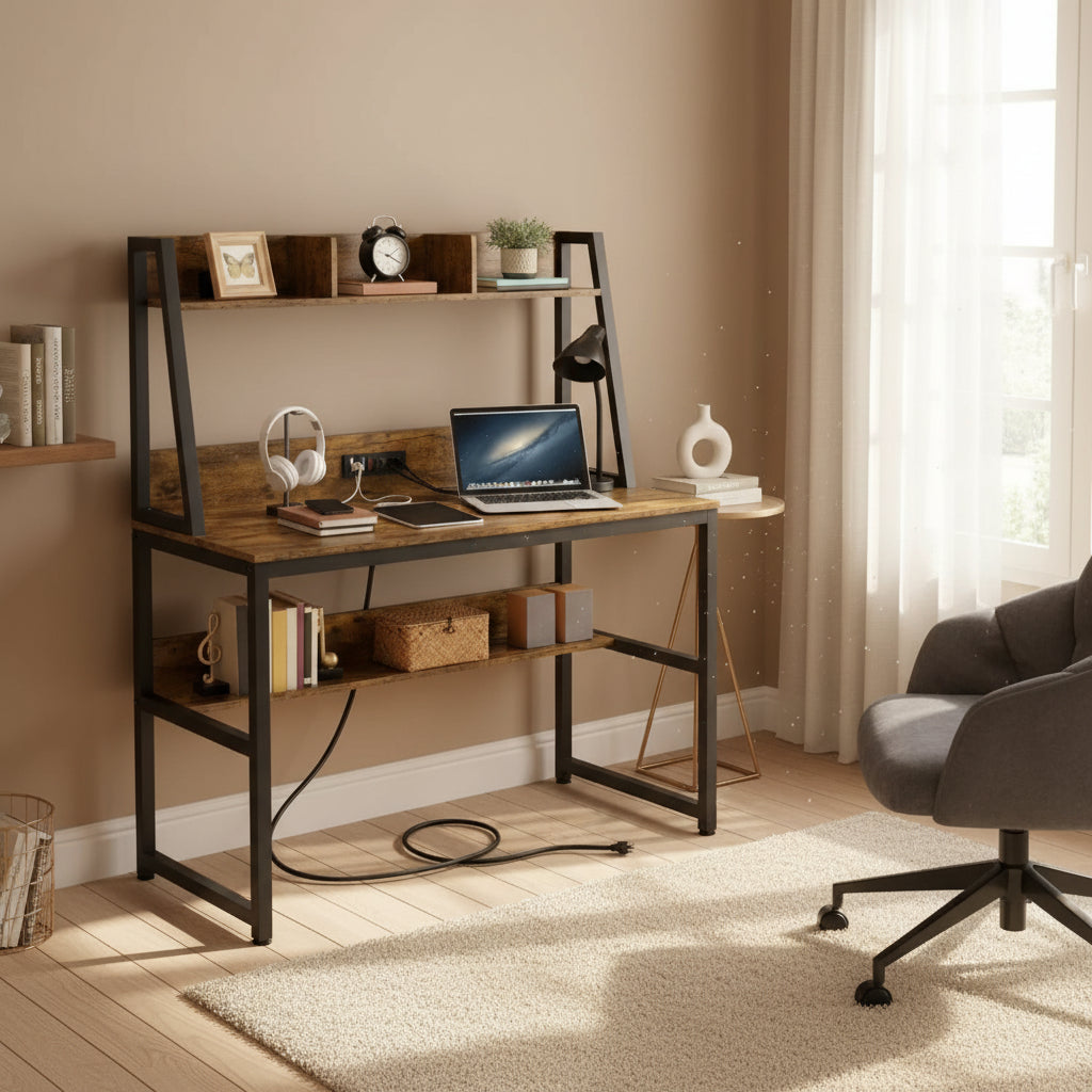 Yaheetech 47.5-inch Home Office Computer Desk with Power Outlet and Elevated Bookshelf
