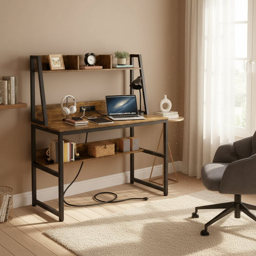 Yaheetech 47.5-inch Home Office Computer Desk with Power Outlet and Elevated Bookshelf