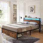 Telaio letto in metallo King/Queen/Full con testiera e pediera, USB, stazione di ricarica, 2 cassetti, luci LED