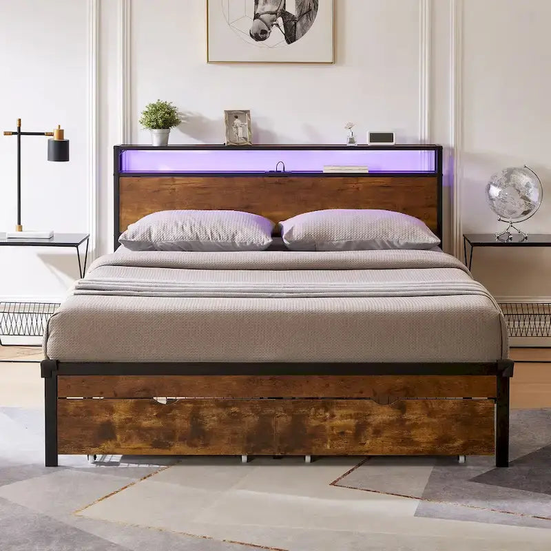 Telaio letto in metallo King/Queen/Full con testiera e pediera, USB, stazione di ricarica, 2 cassetti, luci LED