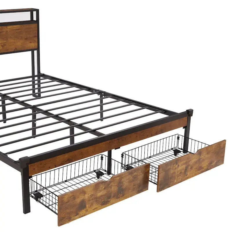 Telaio letto in metallo King/Queen/Full con testiera e pediera, USB, stazione di ricarica, 2 cassetti, luci LED